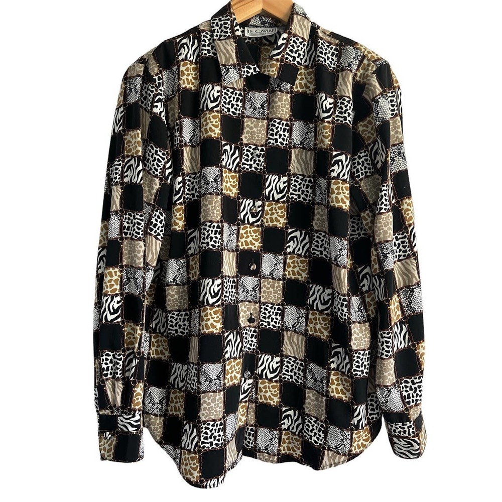 La Caviar Womens‎ Size Medium Y2K 80's Button up Patchwork Animal Print Blouse